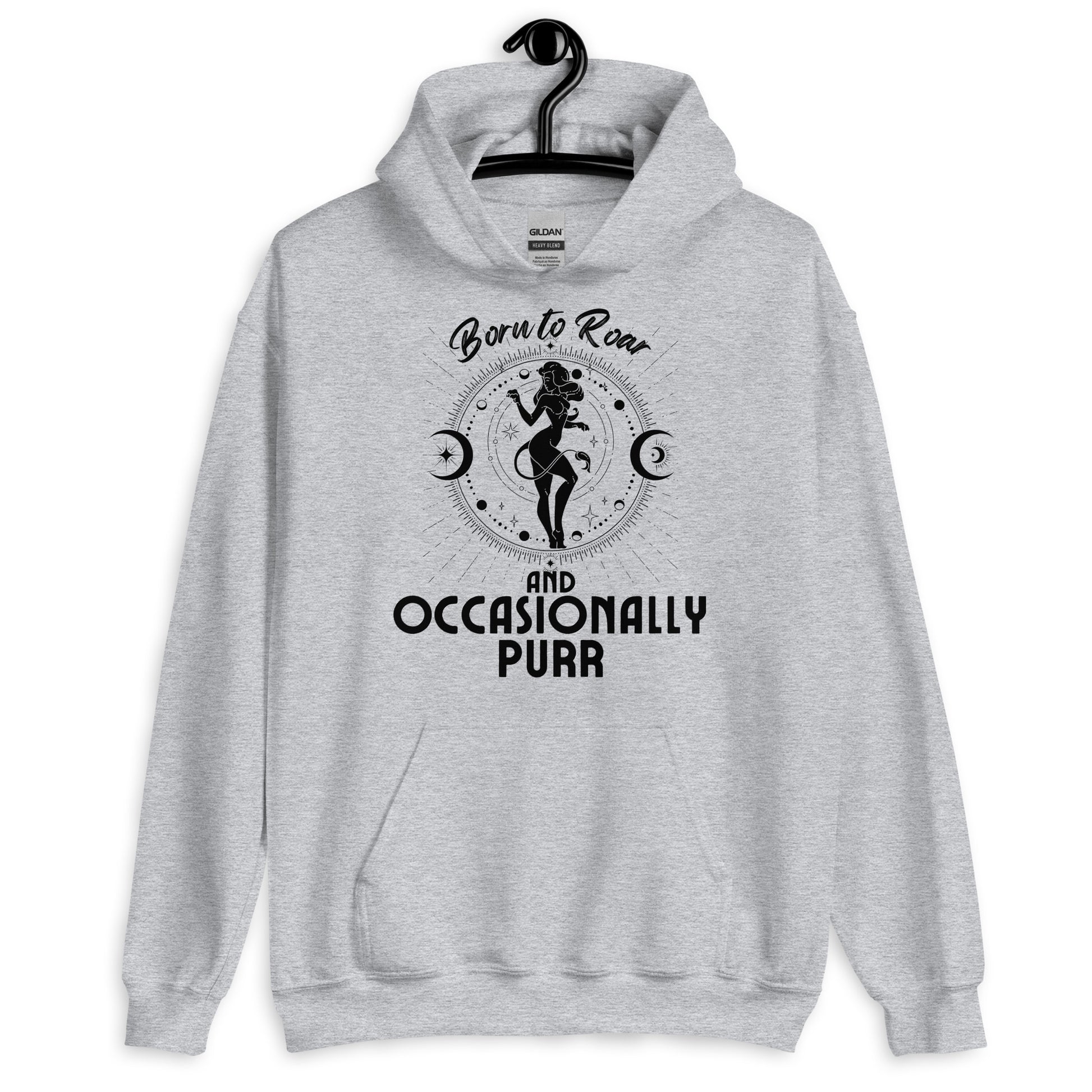 Front of sport grey hoodie with Leo-themed design, featuring an illustration of a character surrounded by celestial elements and text that reads 'Born to Roar and Occasionally Purr.