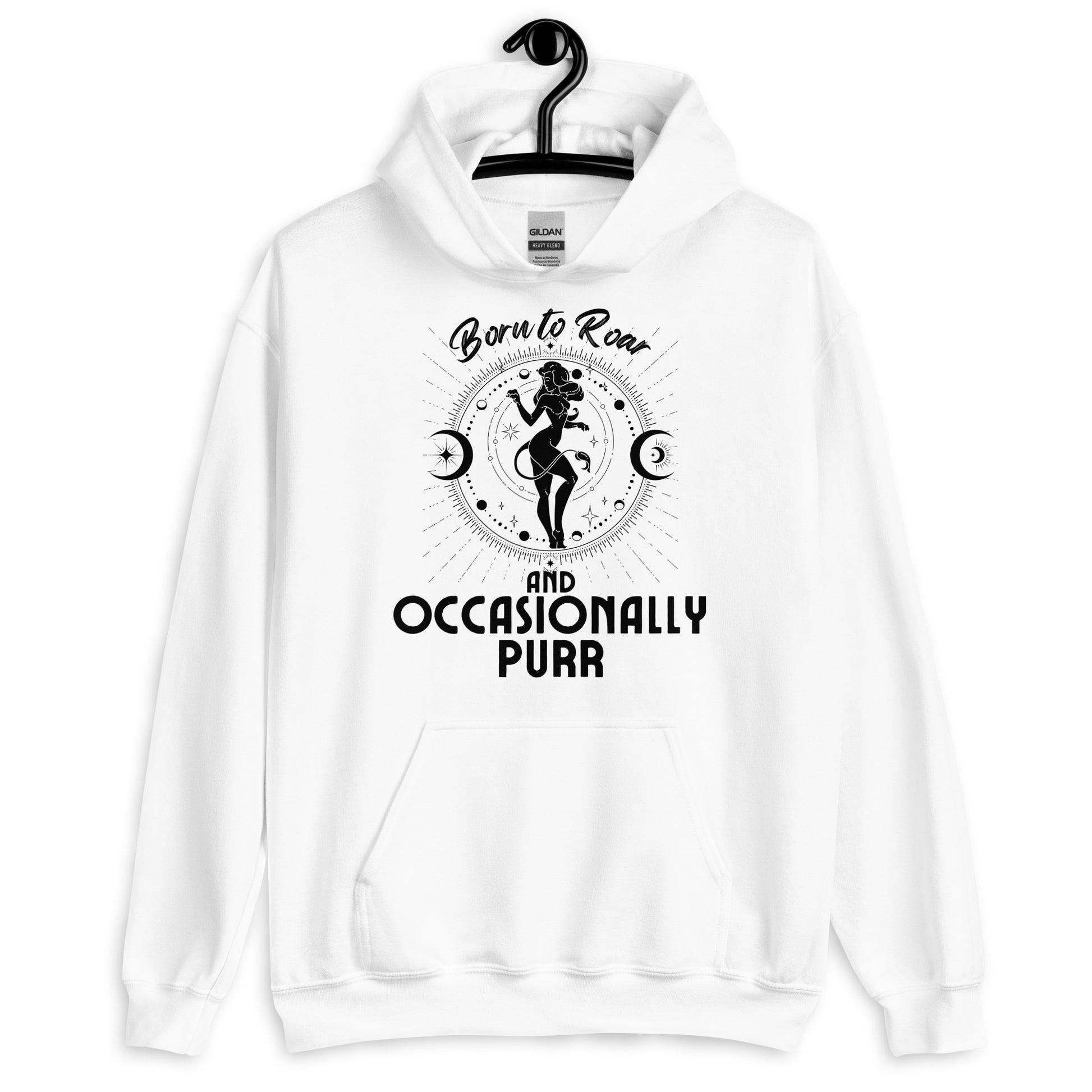 Front of white hoodie with Leo-themed design, featuring an illustration of a character surrounded by celestial elements and text that reads 'Born to Roar and Occasionally Purr.