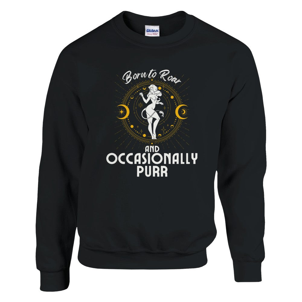 Front of white sweatshirt featuring a Leo-themed design with a celestial motif around a lion figure in white and yellow accents. Text reads 'Born to Roar and Occasionally Purr.