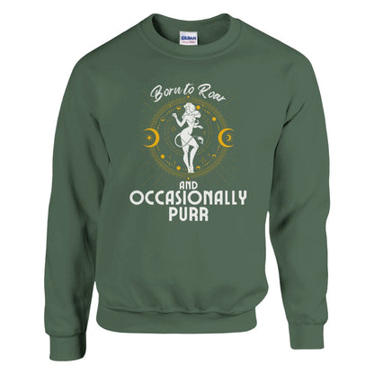 Front of military green sweatshirt featuring a Leo-themed design with a celestial motif around a lion figure in white and yellow. Text reads 'Born to Roar and Occasionally Purr.