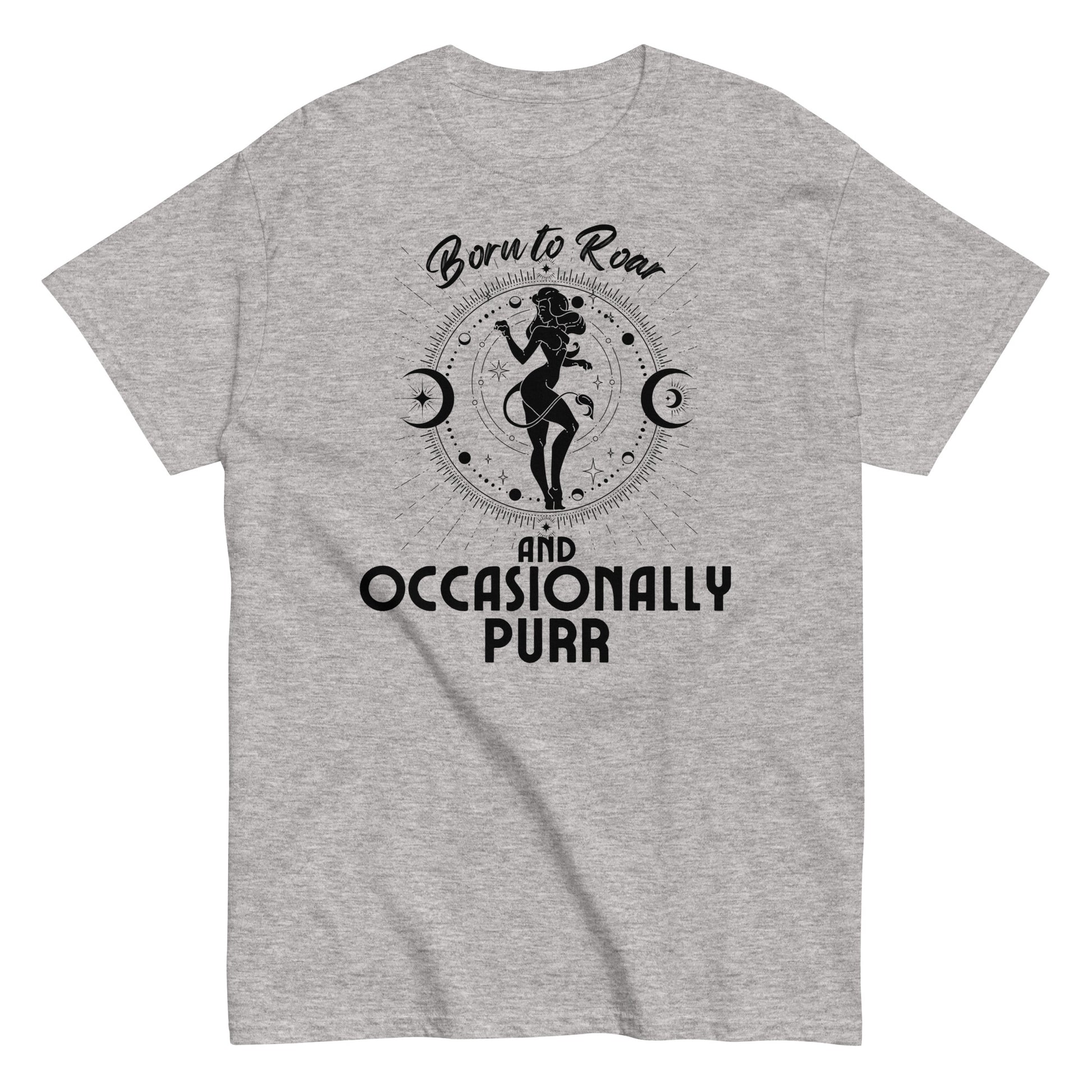 Front of sport grey t-shirt featuring a Leo-themed design with the text 'Born to Roar and Occasionally Purr.' The design includes a stylized silhouette of a lioness with celestial elements and moon symbols, emphasizing Leo's bold and dynamic personality.