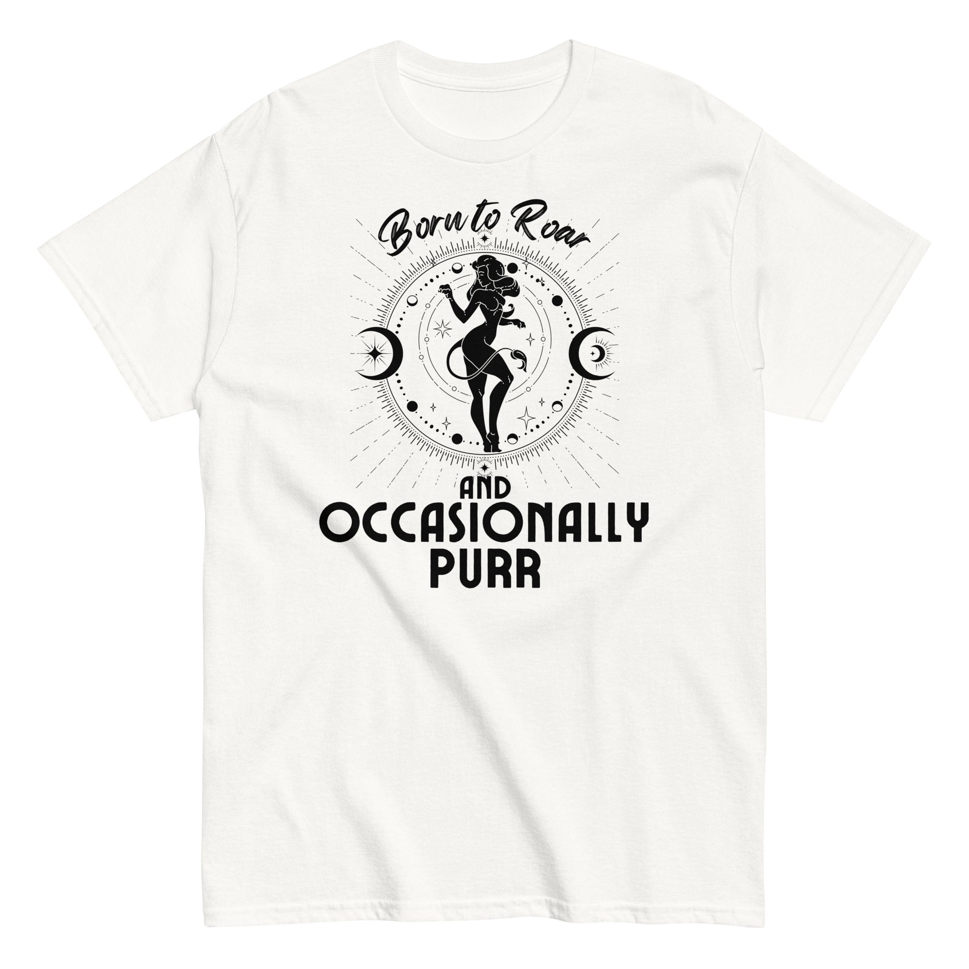 Front of white t-shirt featuring a Leo-themed design with the text 'Born to Roar and Occasionally Purr.' The design includes a stylized silhouette of a lioness with celestial elements and moon symbols, emphasizing Leo's bold and dynamic personality.