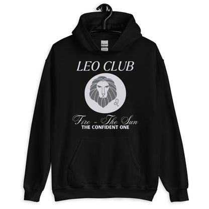 Front of black hoodie with Leo-themed design, text 'Leo Club - Fire - The Sun - The Confident One' featuring a lion illustration.