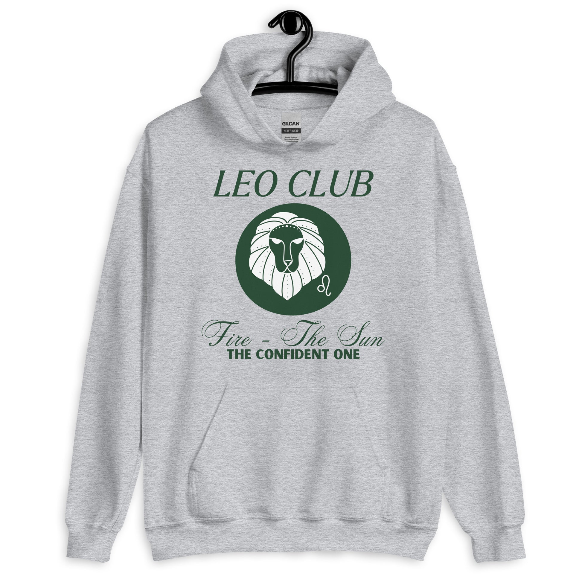 Front of sport grey hoodie with Leo-themed design, text 'Leo Club - Fire - The Sun - The Confident One' featuring a lion illustration.