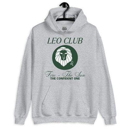 Front of sport grey hoodie with Leo-themed design, text 'Leo Club - Fire - The Sun - The Confident One' featuring a lion illustration.