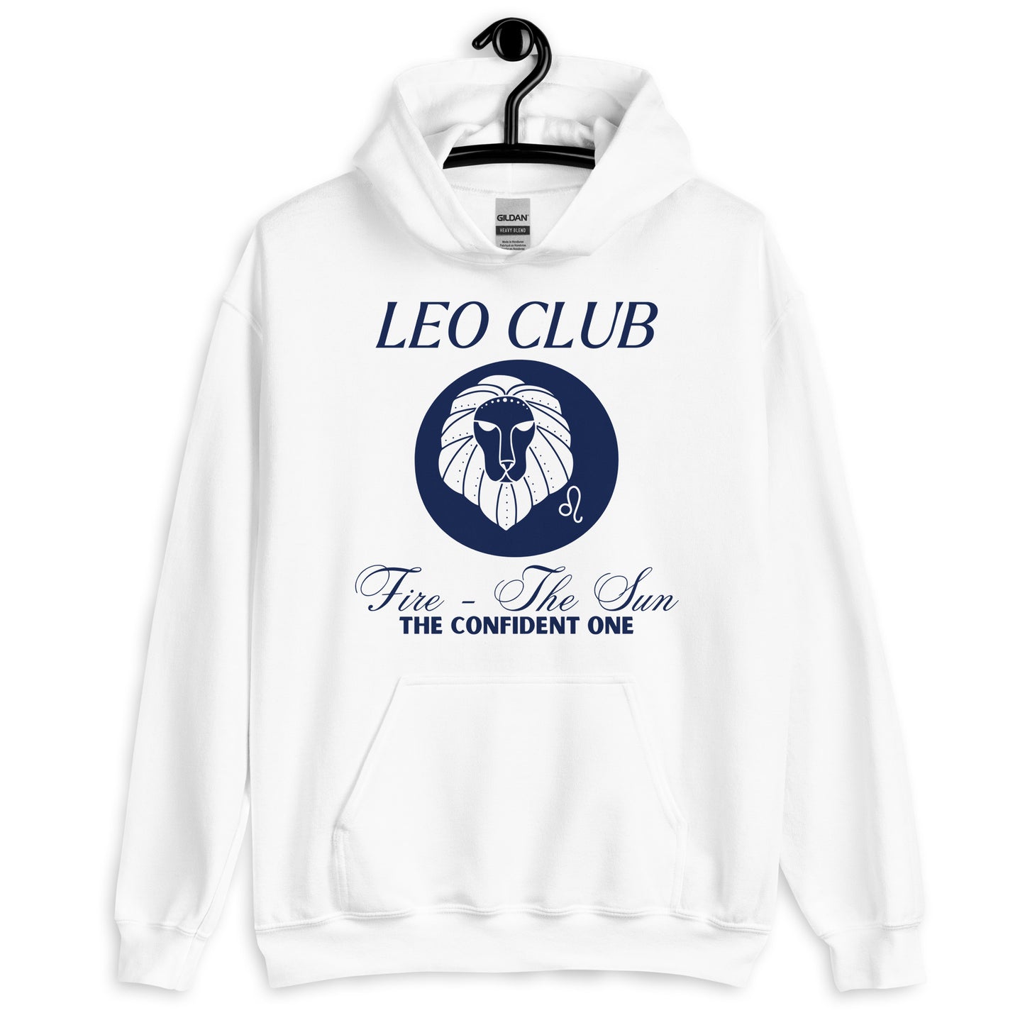 Front of white hoodie with Leo-themed design, text 'Leo Club - Fire - The Sun - The Confident One' featuring a lion illustration.