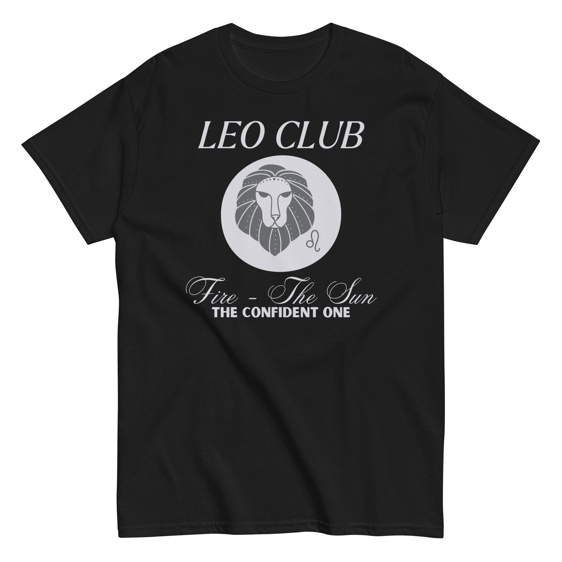 Front of black t-shirt with Leo-themed design, featuring a stylized lion illustration and text that reads 'Leo Club, Fire - The Sun, The Confident One.