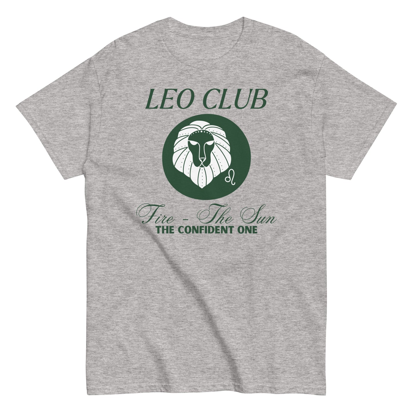 Front of sport grey t-shirt with Leo-themed design, featuring a stylized lion illustration and text that reads 'Leo Club, Fire - The Sun, The Confident One.