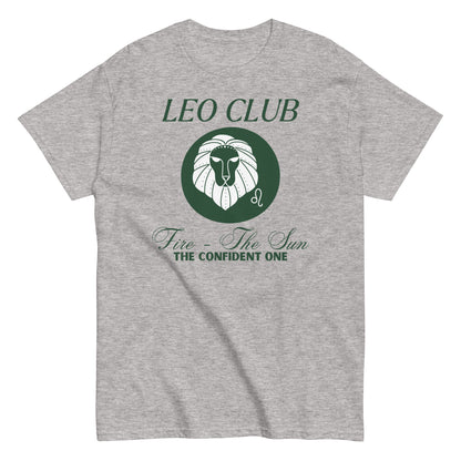 Front of sport grey t-shirt with Leo-themed design, featuring a stylized lion illustration and text that reads 'Leo Club, Fire - The Sun, The Confident One.