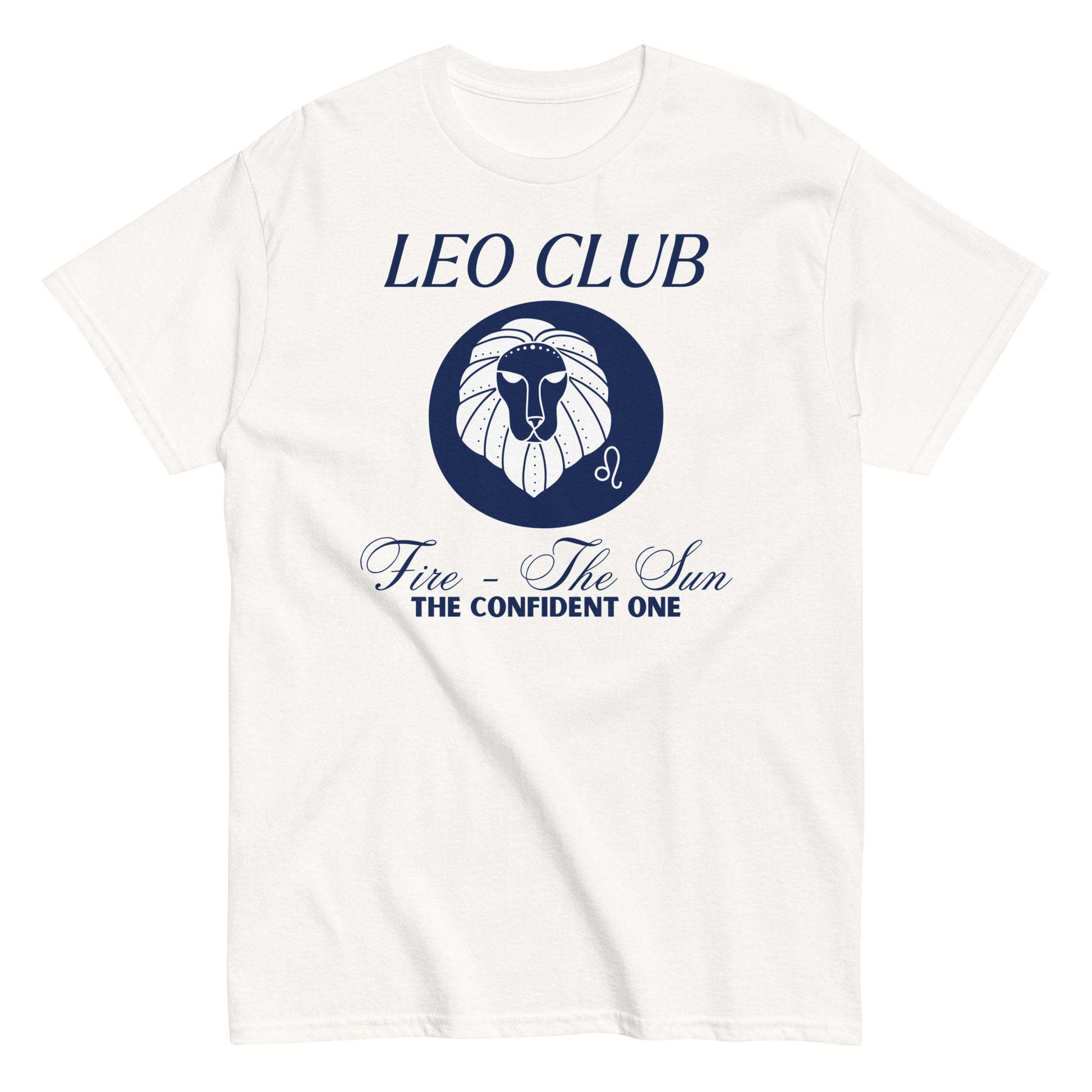 Front of white t-shirt with Leo-themed design, featuring a stylized lion illustration and text that reads 'Leo Club, Fire - The Sun, The Confident One.