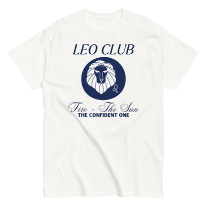 Front of white t-shirt with Leo-themed design, featuring a stylized lion illustration and text that reads 'Leo Club, Fire - The Sun, The Confident One.