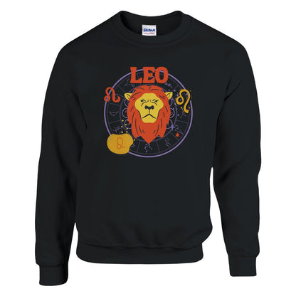 Front of black sweatshirt with colorful Leo-themed design, featuring a lion illustration, zodiac symbols, and 'Leo' text.