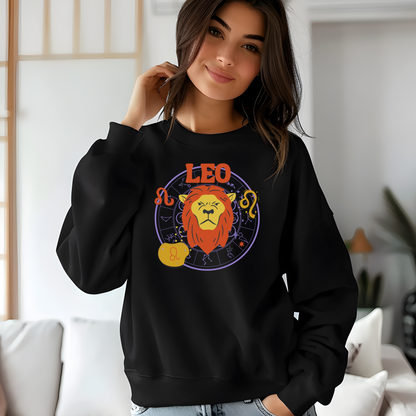 Front of black sweatshirt with colorful Leo-themed design, featuring a lion illustration, zodiac symbols, and 'Leo' text.