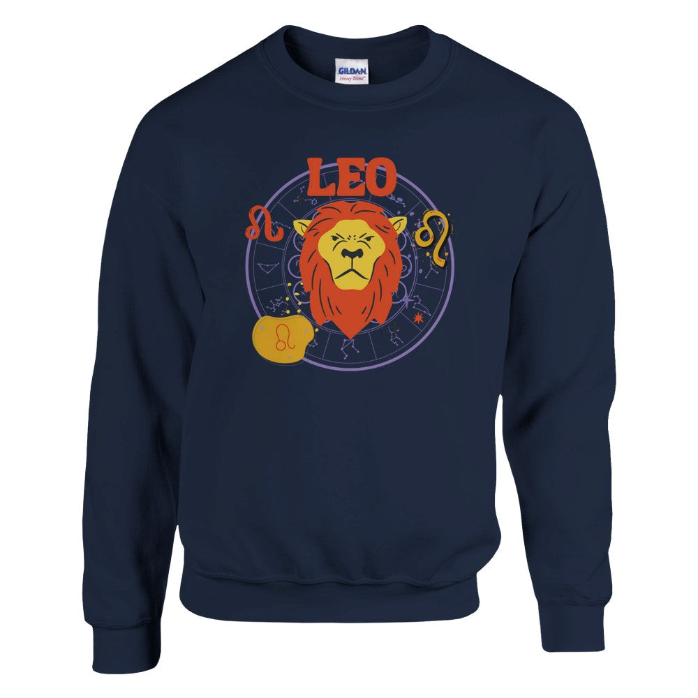 Front of navy blue sweatshirt with colorful Leo-themed design, featuring a lion illustration, zodiac symbols, and 'Leo' text.