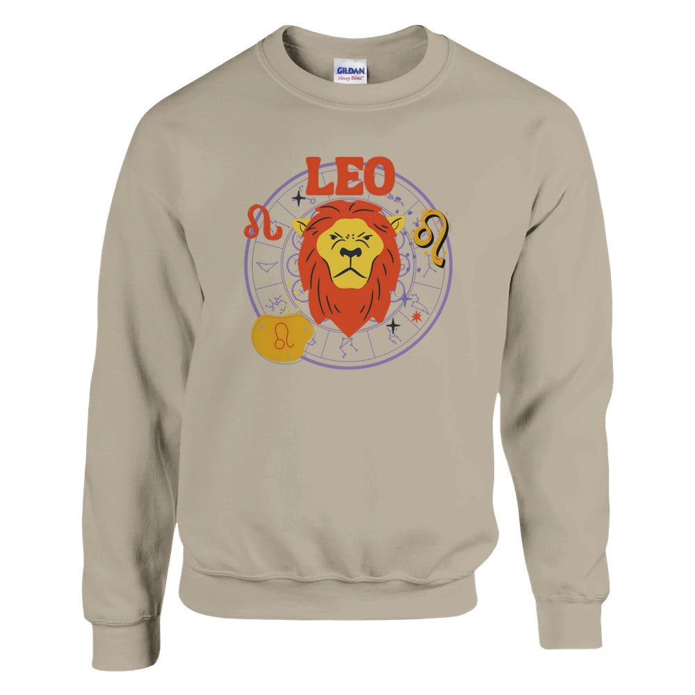 Front of sand sweatshirt with colorful Leo-themed design, featuring a lion illustration, zodiac symbols, and 'Leo' text.