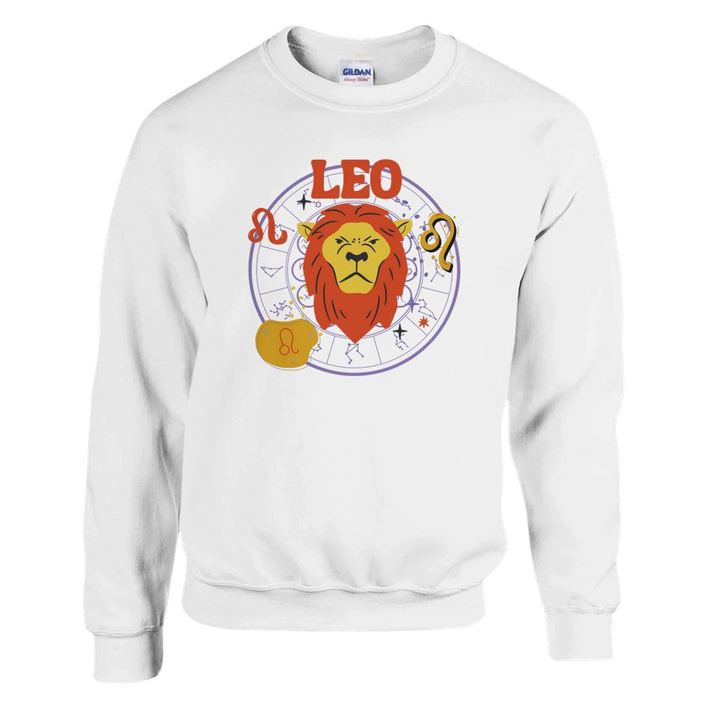 Front of white sweatshirt with colorful Leo-themed design, featuring a lion illustration, zodiac symbols, and 'Leo' text.