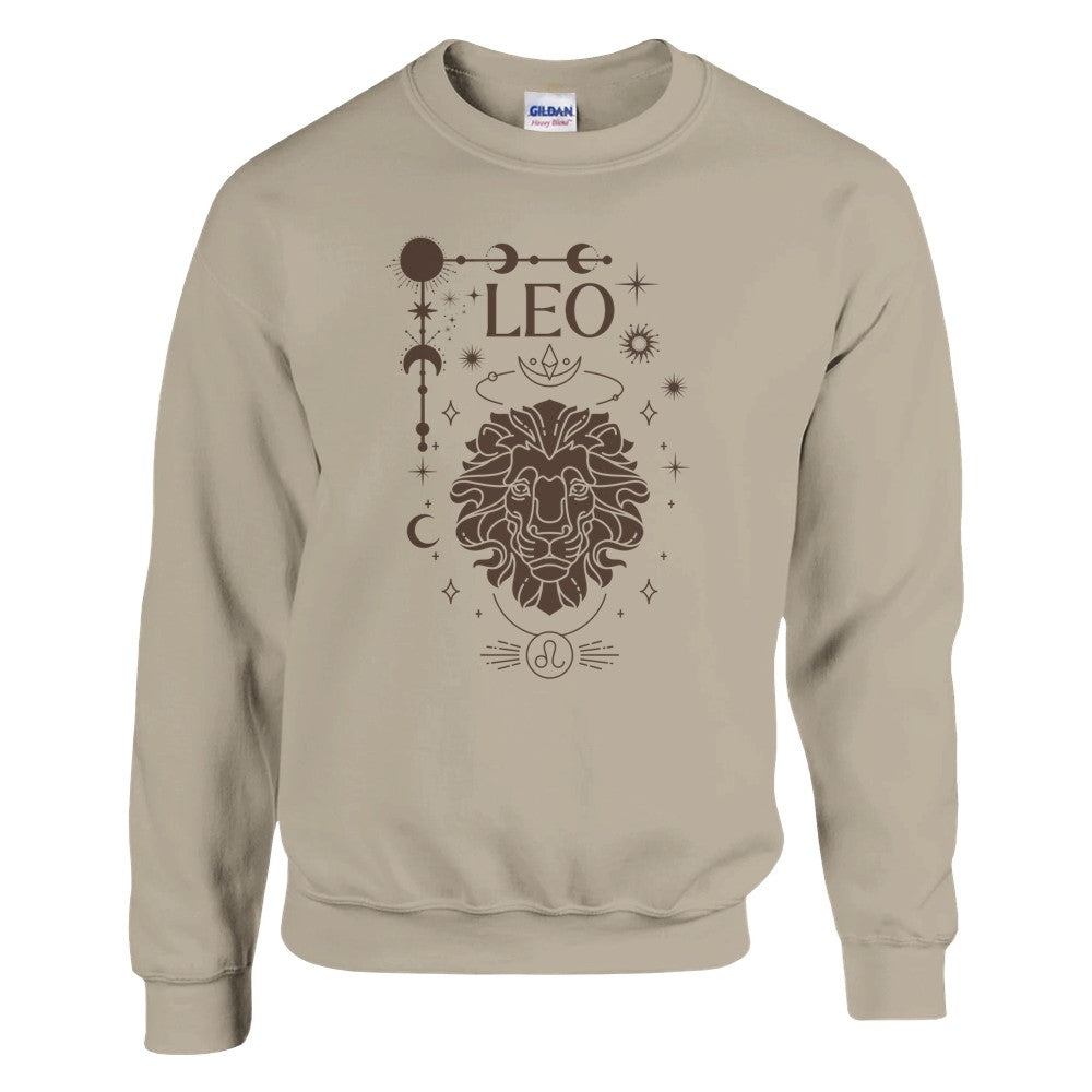 Front of sand sweatshirt featuring a Leo-themed glamour design with a stylized brown lion illustration and celestial symbols. Text reads 'Leo' with zodiac symbol.