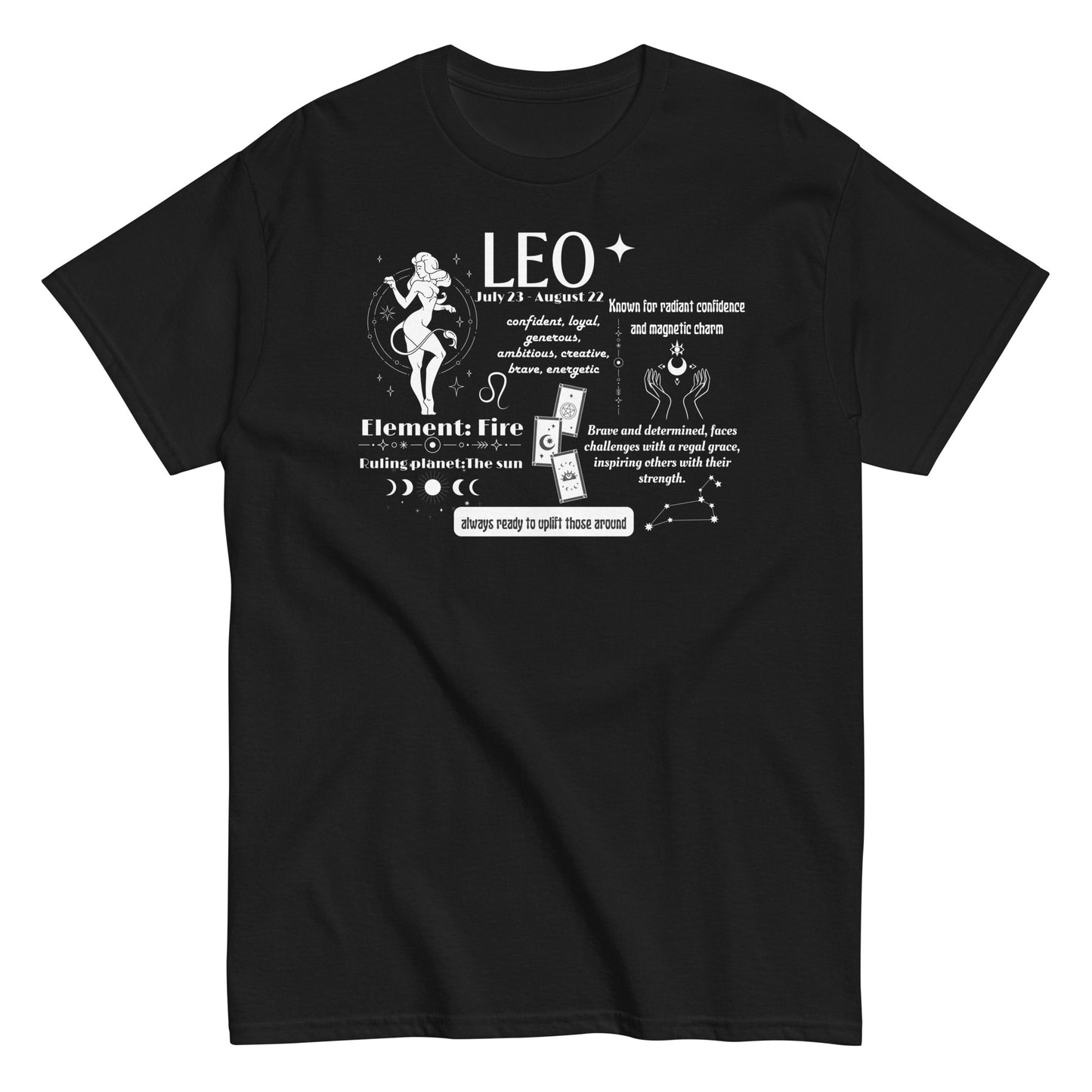 Front of black t-shirt with Leo traits design, showcasing personality attributes, fire element, and ruling planet Sun.