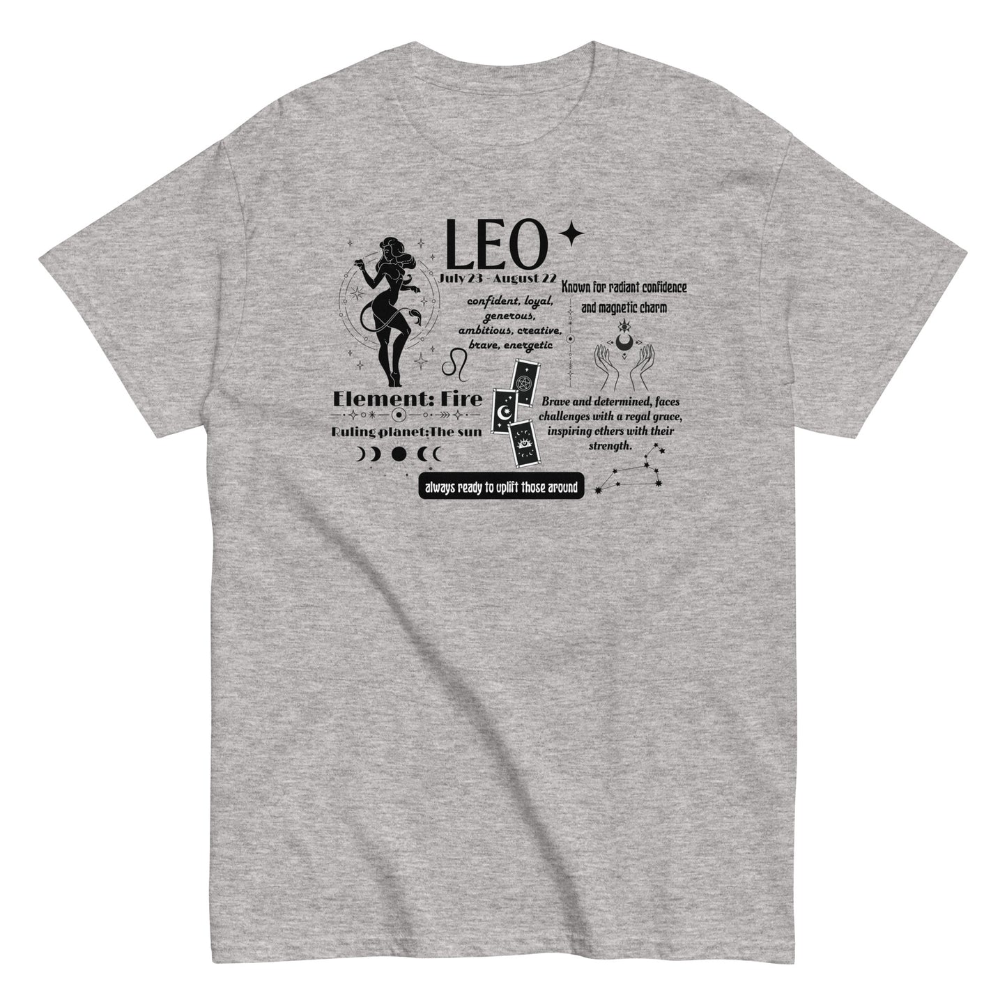 Front of sport grey t-shirt with Leo traits design, showcasing personality attributes, fire element, and ruling planet Sun.