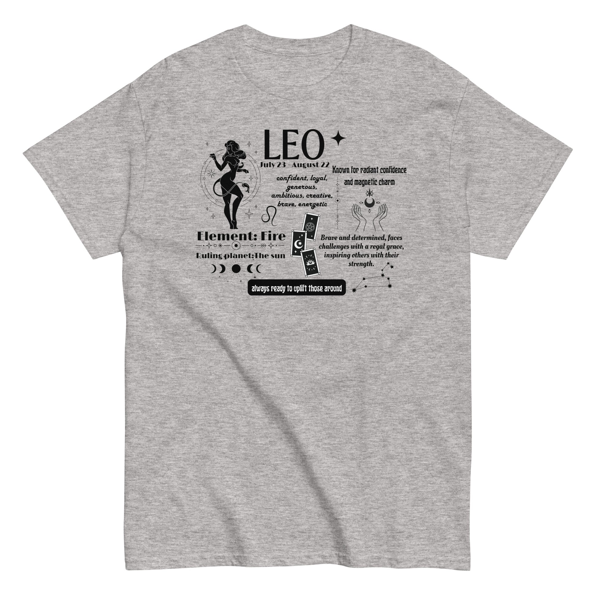 Front of sport grey t-shirt with Leo traits design, showcasing personality attributes, fire element, and ruling planet Sun.