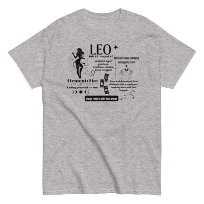 Front of sport grey t-shirt with Leo traits design, showcasing personality attributes, fire element, and ruling planet Sun.