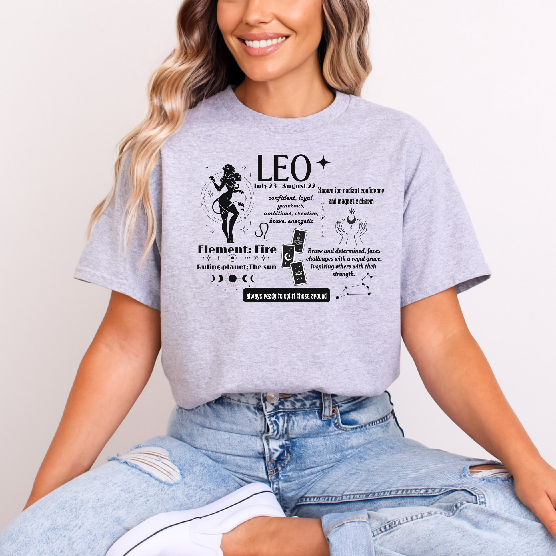 Front of sport grey t-shirt with Leo traits design, showcasing personality attributes, fire element, and ruling planet Sun.