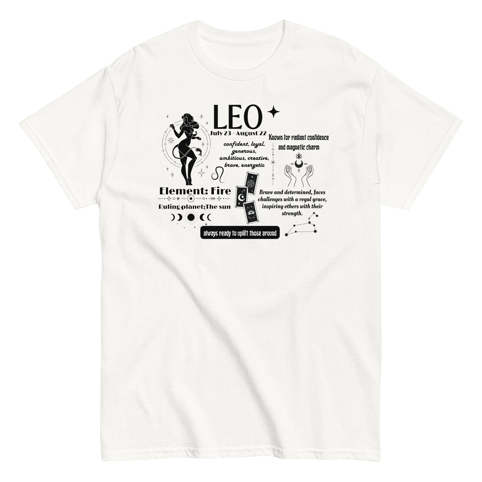 Front of white t-shirt with Leo traits design, showcasing personality attributes, fire element, and ruling planet Sun.