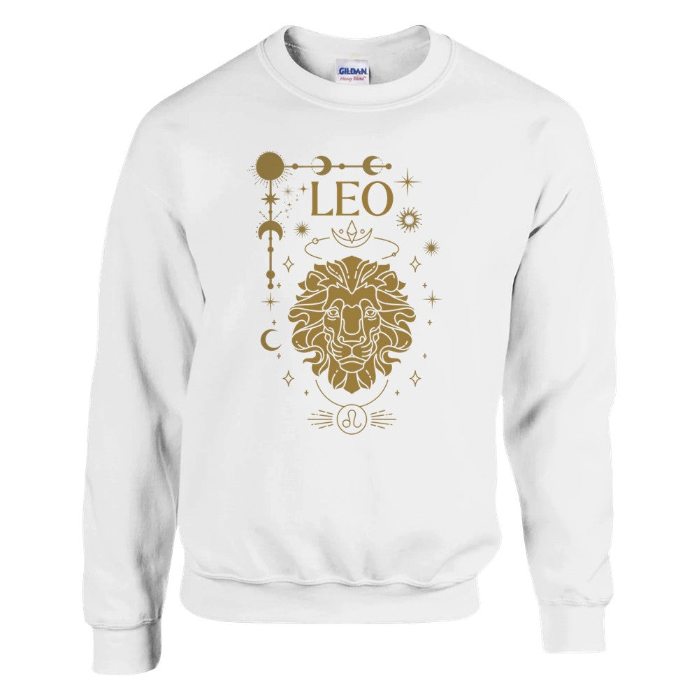 Front of white sweatshirt featuring a Leo-themed design with a stylized glamour lion illustration and celestial symbols. Text reads 'Leo' with zodiac symbol.