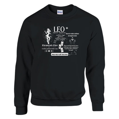 Front of black sweatshirt with a detailed Leo-themed design. Text highlights Leo personality traits such as 'confident, loyal, generous' and 'brave and determined.' Features symbolic elements like the Sun and Fire, associated with Leo, and includes celestial illustrations.