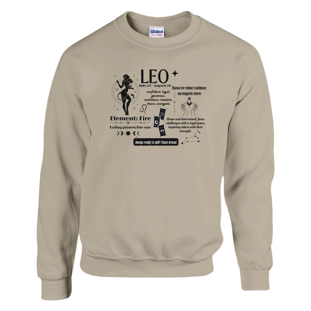 Front of sand sweatshirt with a detailed Leo-themed design. Text highlights Leo personality traits such as 'confident, loyal, generous' and 'brave and determined.' Features symbolic elements like the Sun and Fire, associated with Leo, and includes celestial illustrations.