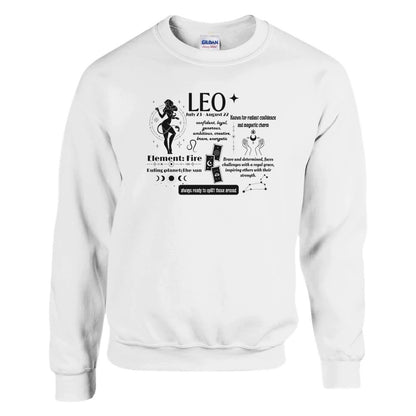 Front of white sweatshirt with a detailed Leo-themed design. Text highlights Leo personality traits such as 'confident, loyal, generous' and 'brave and determined.' Features symbolic elements like the Sun and Fire, associated with Leo, and includes celestial illustrations.