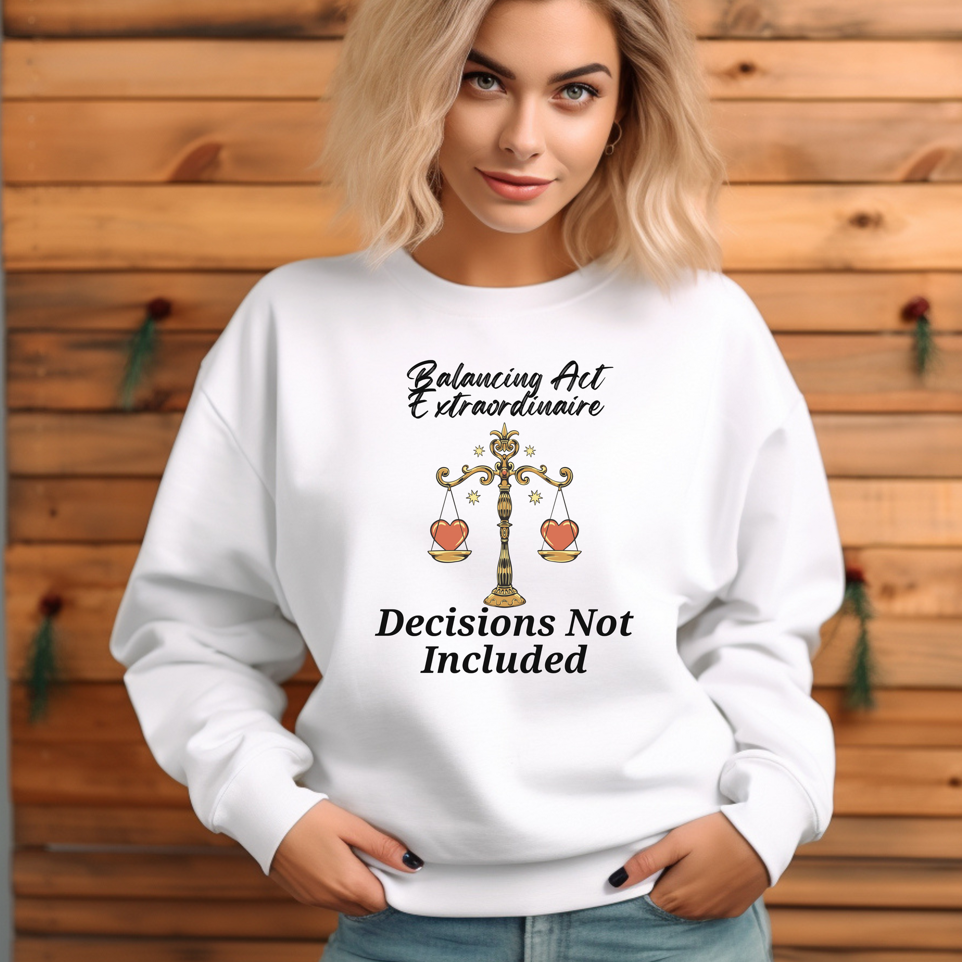 Front of white Libra sweatshirt featuring a balancing scale with hearts, phrase 'Balancing Act Extraordinaire - Decisions Not Included'.