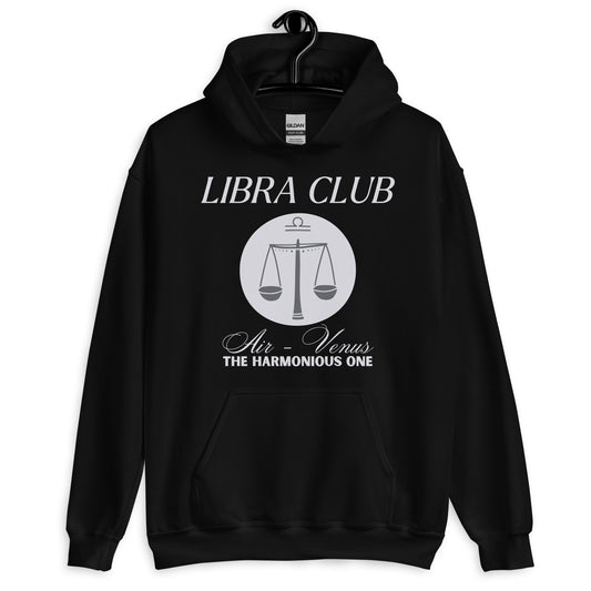 Front of black Libra hoodie with 'Libra Club' design featuring scales, symbolizing air and Venus, labeled 'The Harmonious One.