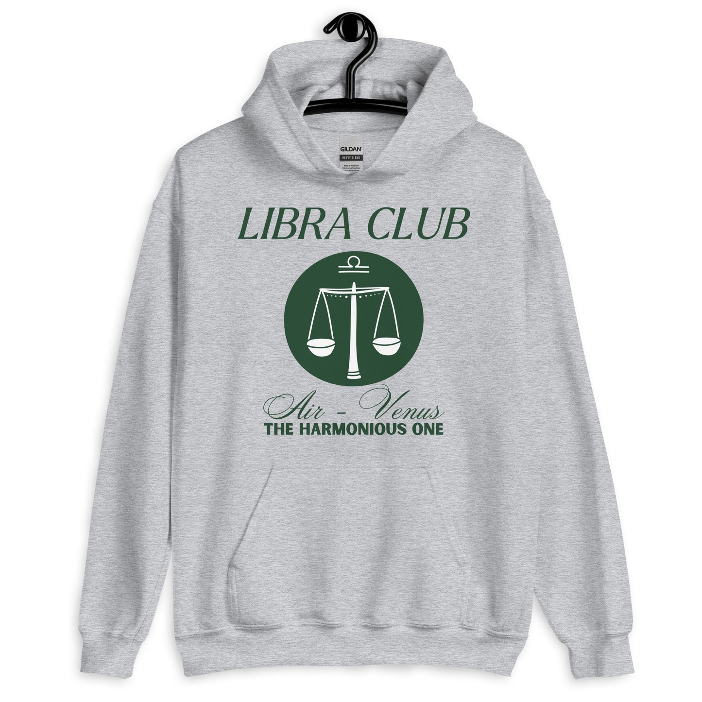 Front of sport grey Libra hoodie with 'Libra Club' design featuring scales, symbolizing air and Venus, labeled 'The Harmonious One.