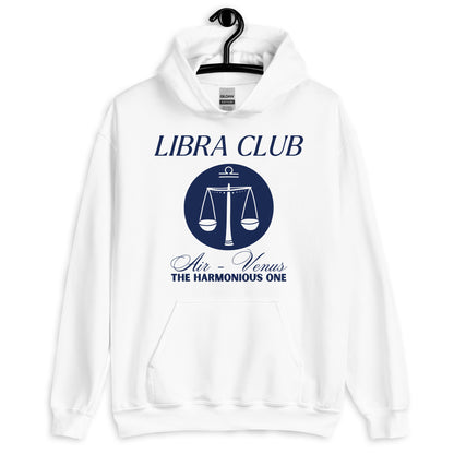 Front of white Libra hoodie with 'Libra Club' design featuring scales, symbolizing air and Venus, labeled 'The Harmonious One.