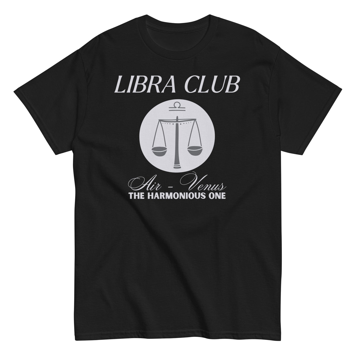 Front of black Libra t-shirt featuring 'Libra Club' design with scales, symbolizing air and Venus, labeled 'The Harmonious One.