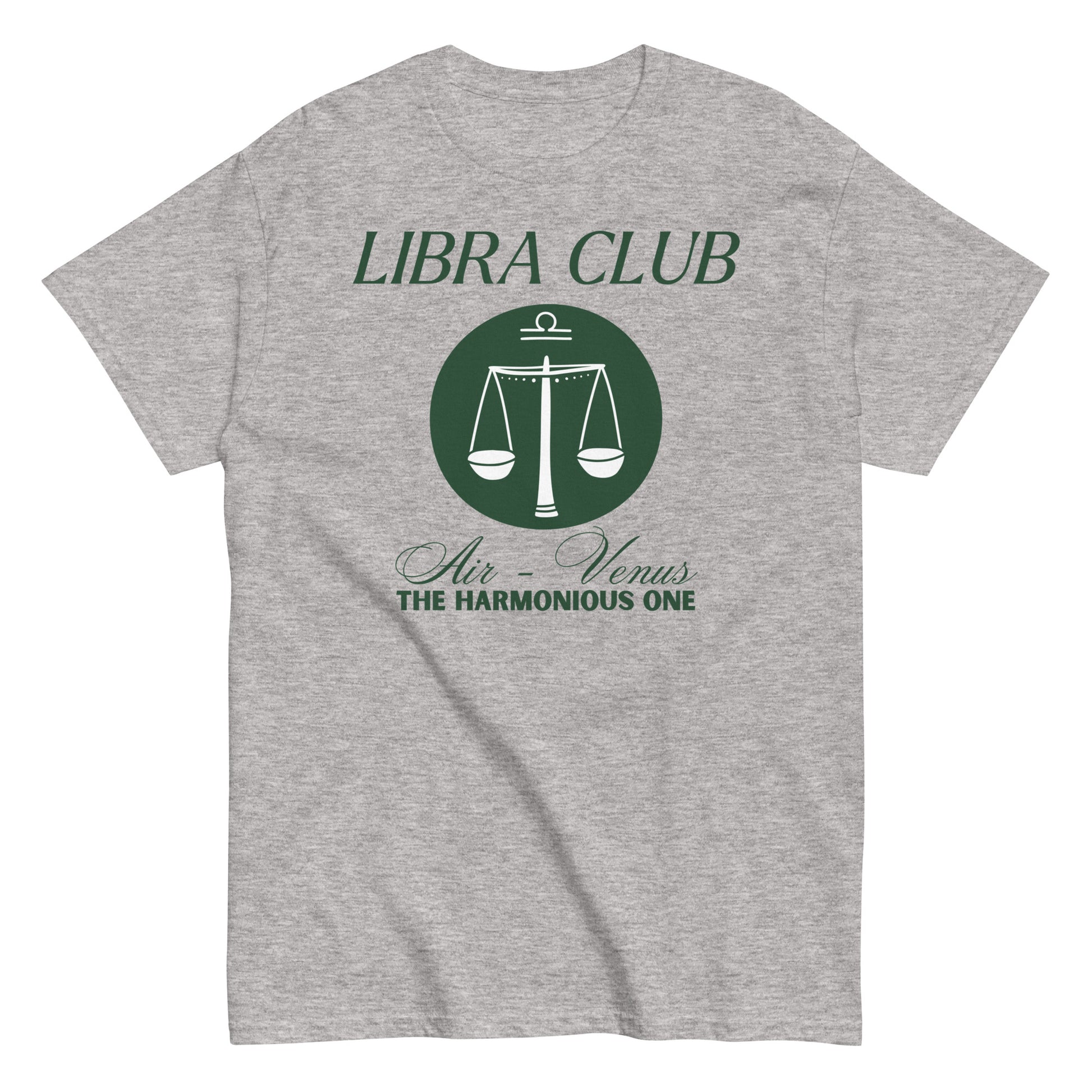 Front of sport grey Libra t-shirt featuring 'Libra Club' design with scales, symbolizing air and Venus, labeled 'The Harmonious One.