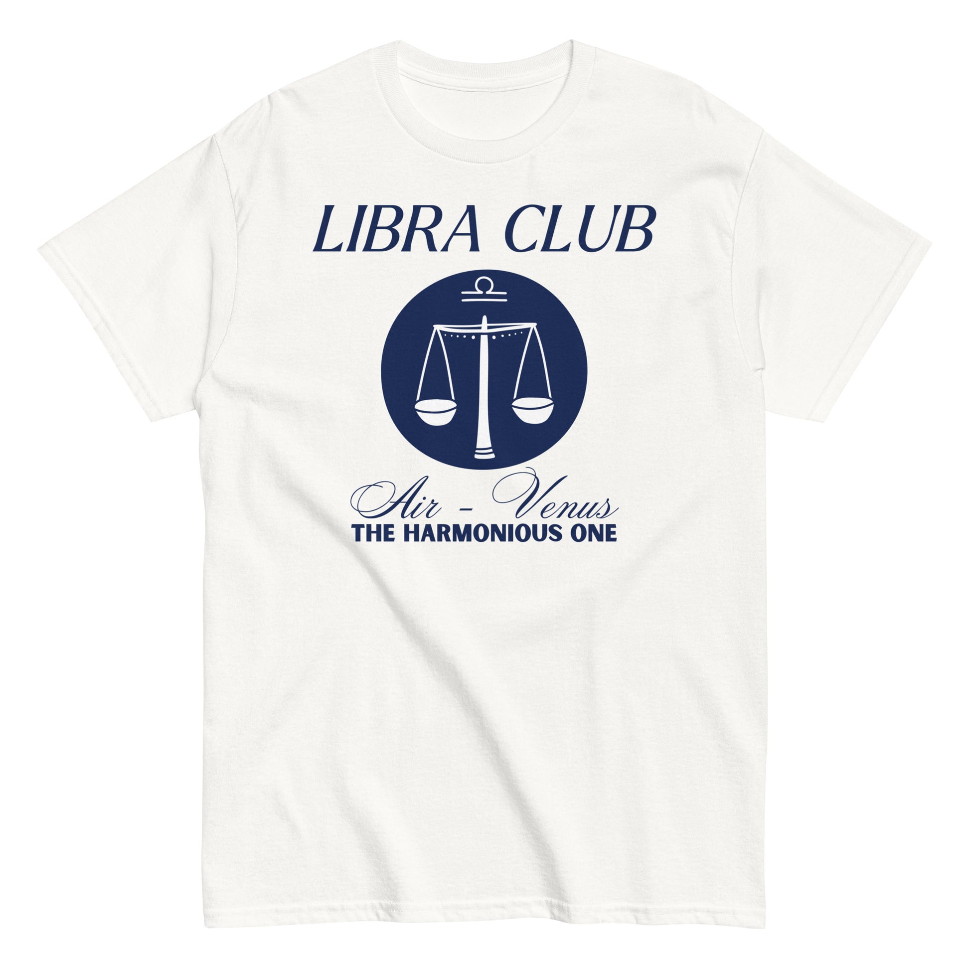 Front of white Libra t-shirt featuring 'Libra Club' design with scales, symbolizing air and Venus, labeled 'The Harmonious One.