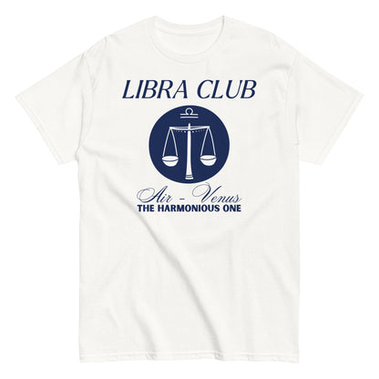 Front of white Libra t-shirt featuring 'Libra Club' design with scales, symbolizing air and Venus, labeled 'The Harmonious One.