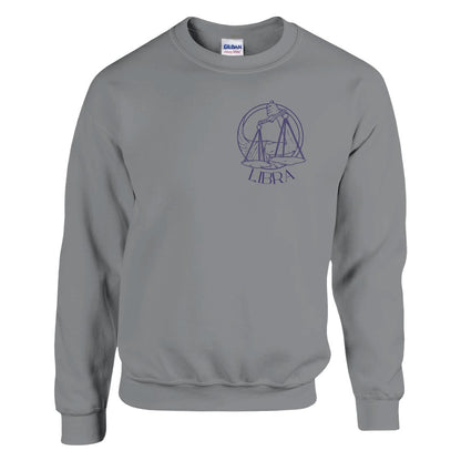 Sport grey Libra sweatshirt with minimalist front design featuring purple Libra scales illustration and Libra text.