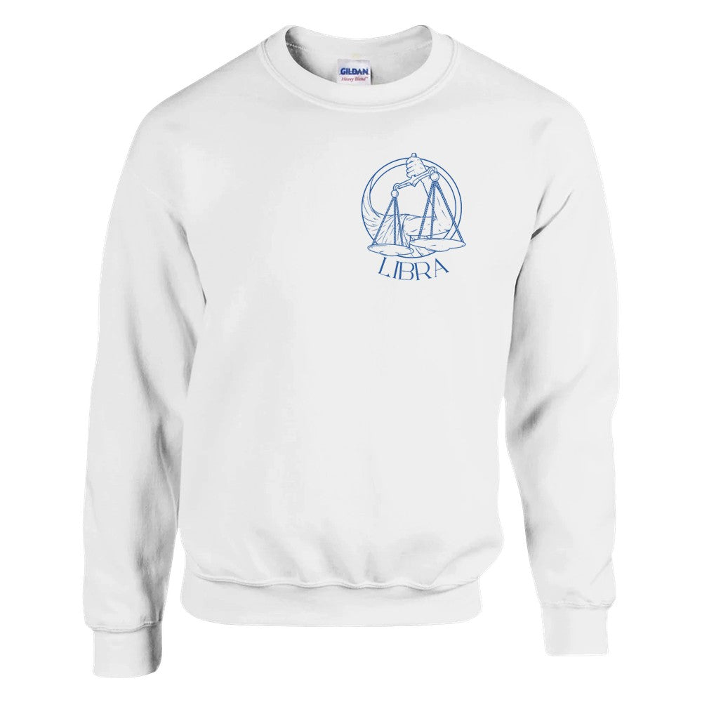 White Libra sweatshirt with minimalist front design featuring blue Libra scales illustration and Libra text.