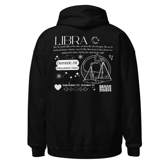 Black Libra hoodie with back design featuring scales illustration, zodiac traits, and 'Libra' text in white retro style.