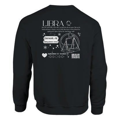 Black Libra sweatshirt with retro-style back design featuring Libra scales illustration, zodiac traits, and symbols in white.