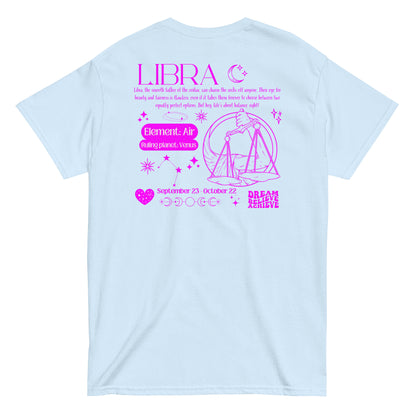 Light blue Libra t-shirt with retro-style design on the back, featuring Libra scales, element Air, ruling planet Venus, and zodiac details.