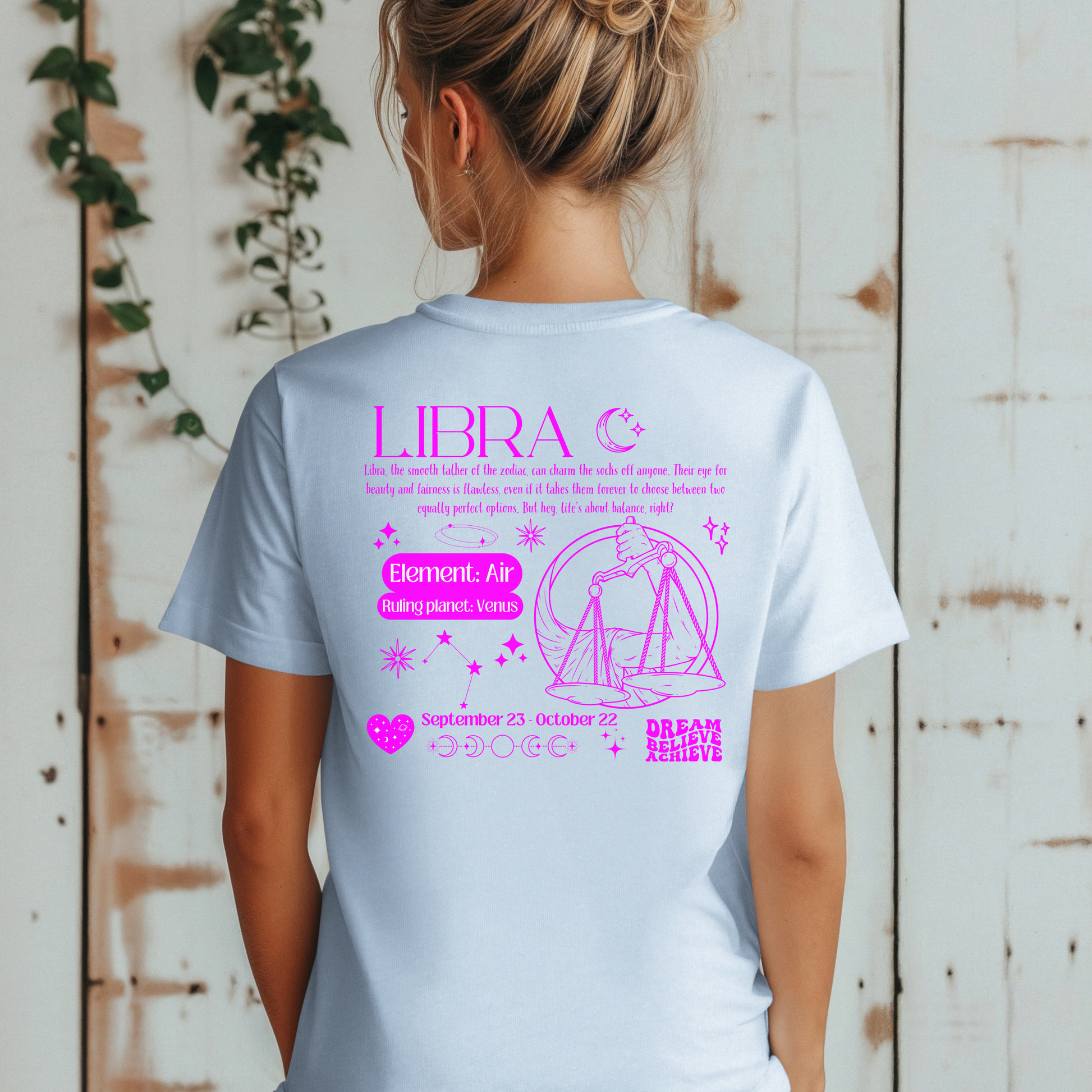 Light blue Libra t-shirt with retro-style design on the back, featuring Libra scales, element Air, ruling planet Venus, and zodiac details.