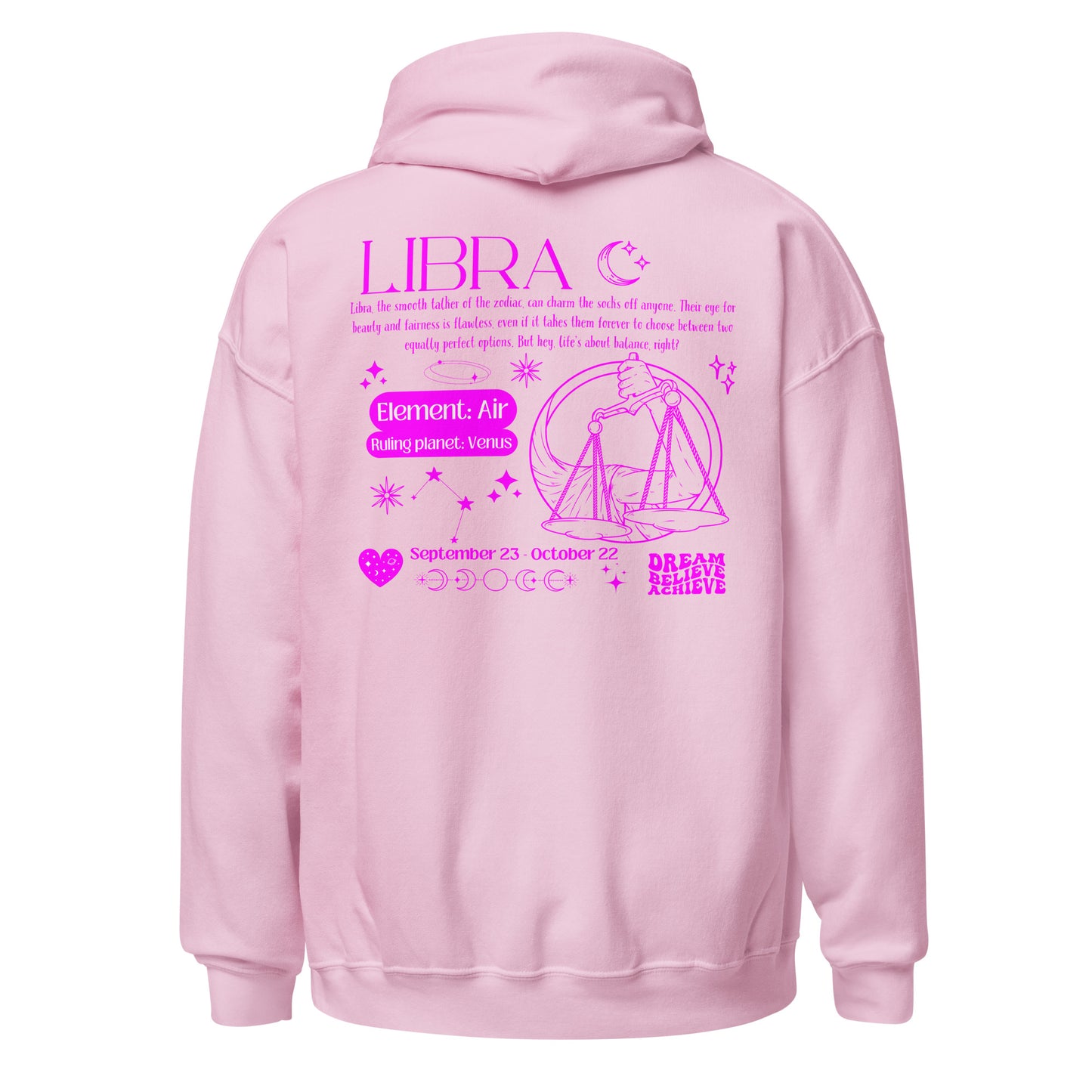 Light pink Libra hoodie with back design featuring scales illustration, zodiac traits, and 'Libra' text in dark pink retro style.