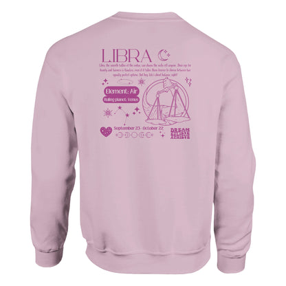 Light pink Libra sweatshirt with retro-style back design featuring Libra scales illustration, zodiac traits, and symbols in dark pink.