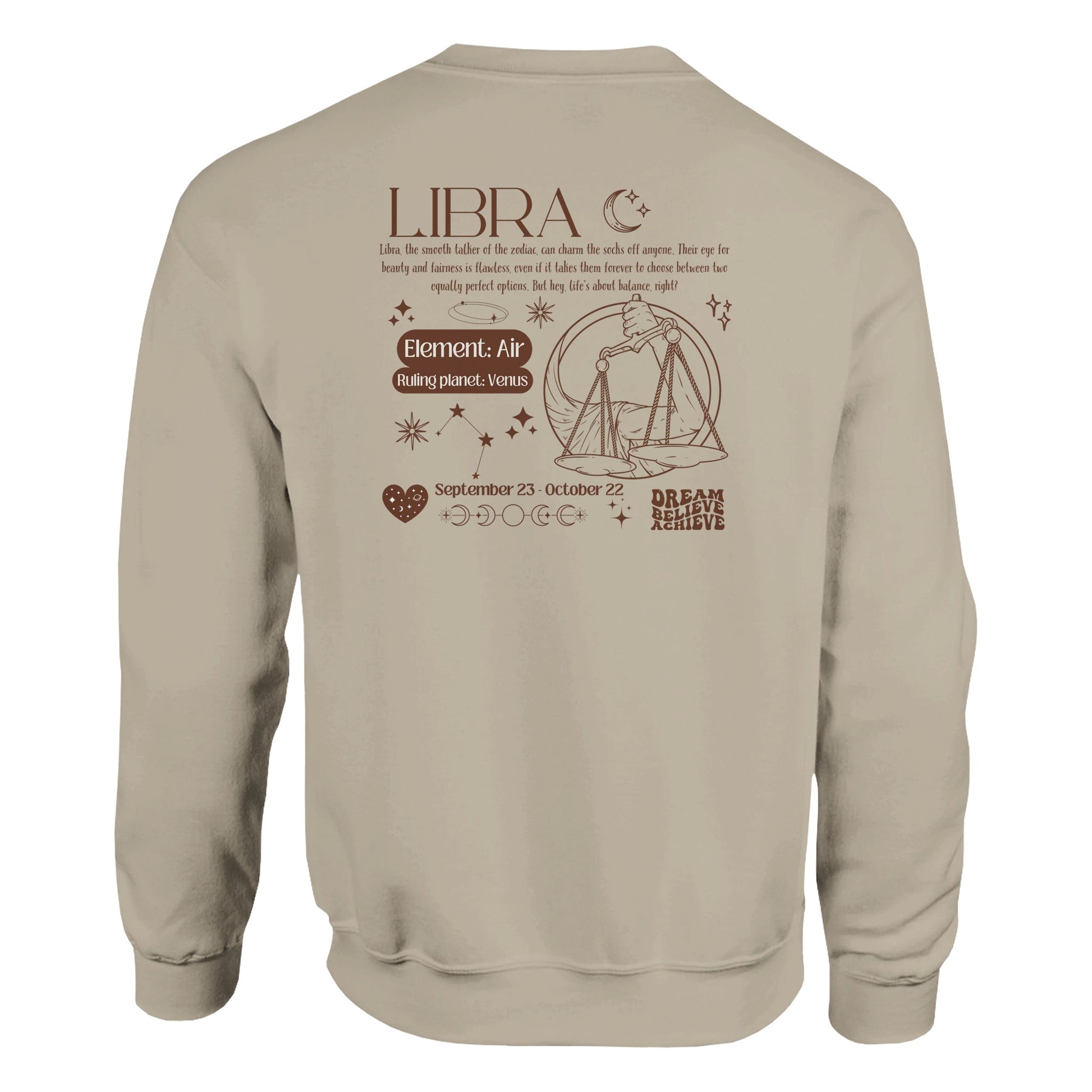 Sand Libra sweatshirt with retro-style back design featuring Libra scales illustration, zodiac traits, and symbols in brown.