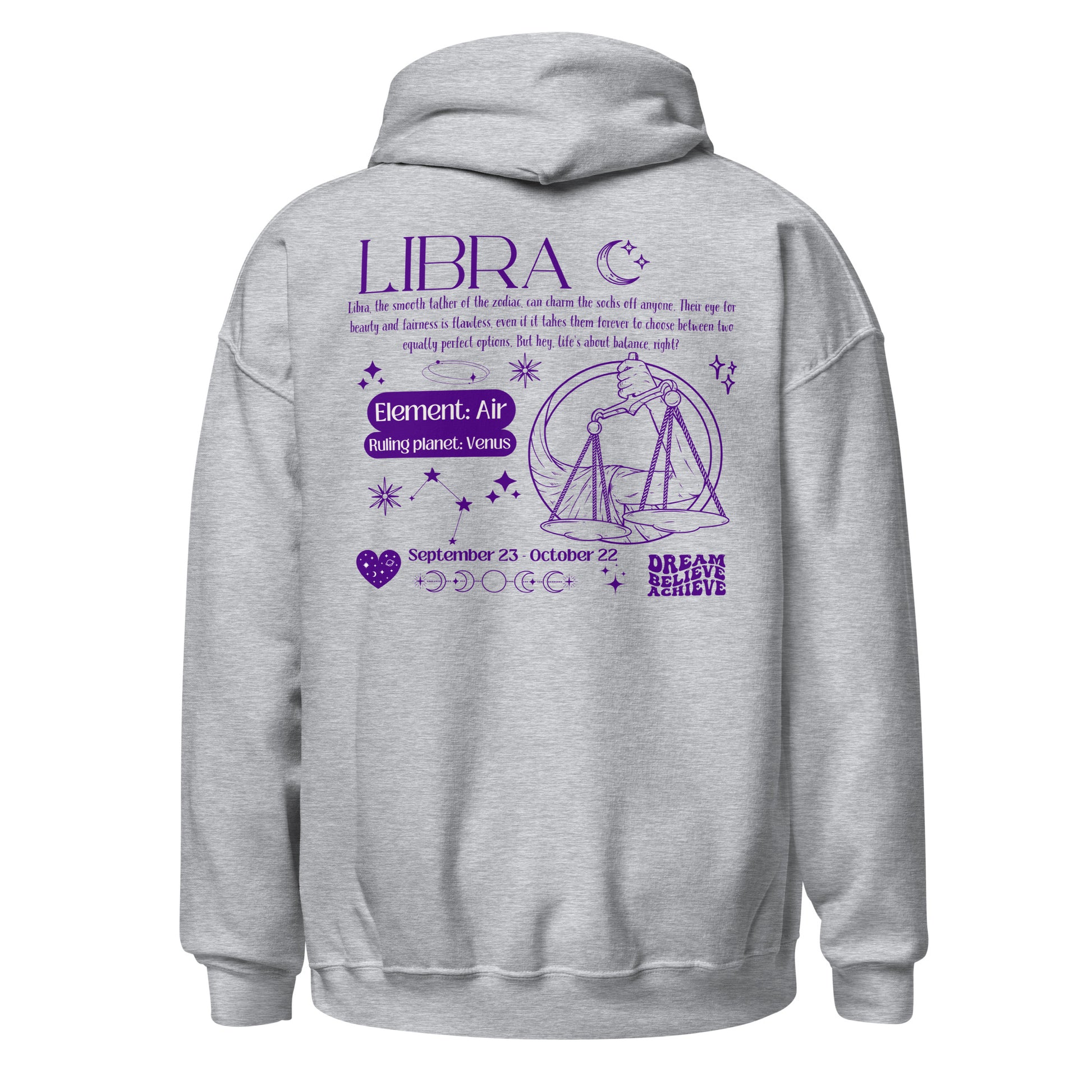 Sport grey Libra hoodie with back design featuring scales illustration, zodiac traits, and 'Libra' text in purple  retro style.