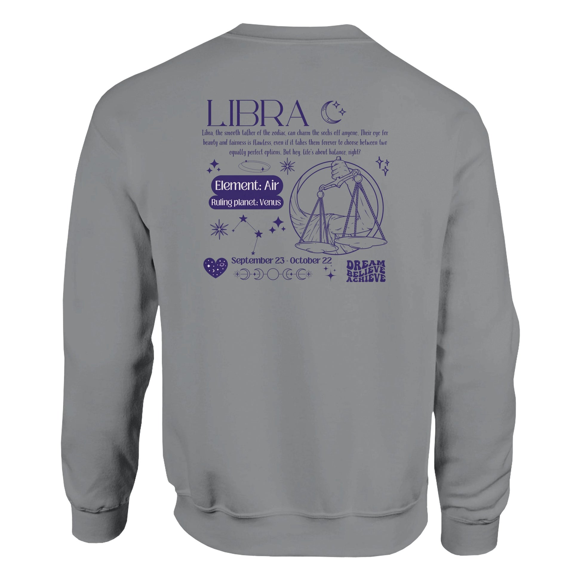 Sport grey Libra sweatshirt with retro-style back design featuring Libra scales illustration, zodiac traits, and symbols in purple.